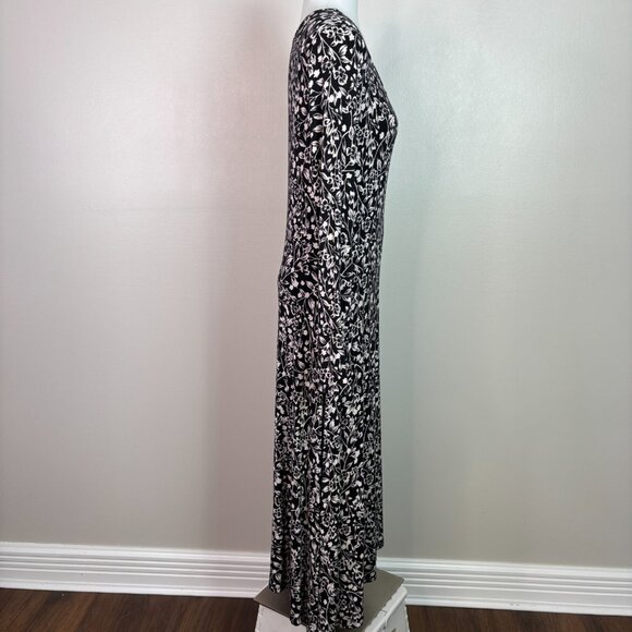 Old Navy Midi Dress Medium Black Cream Floral Long Sleeves Stretch - Picture 6 of 8